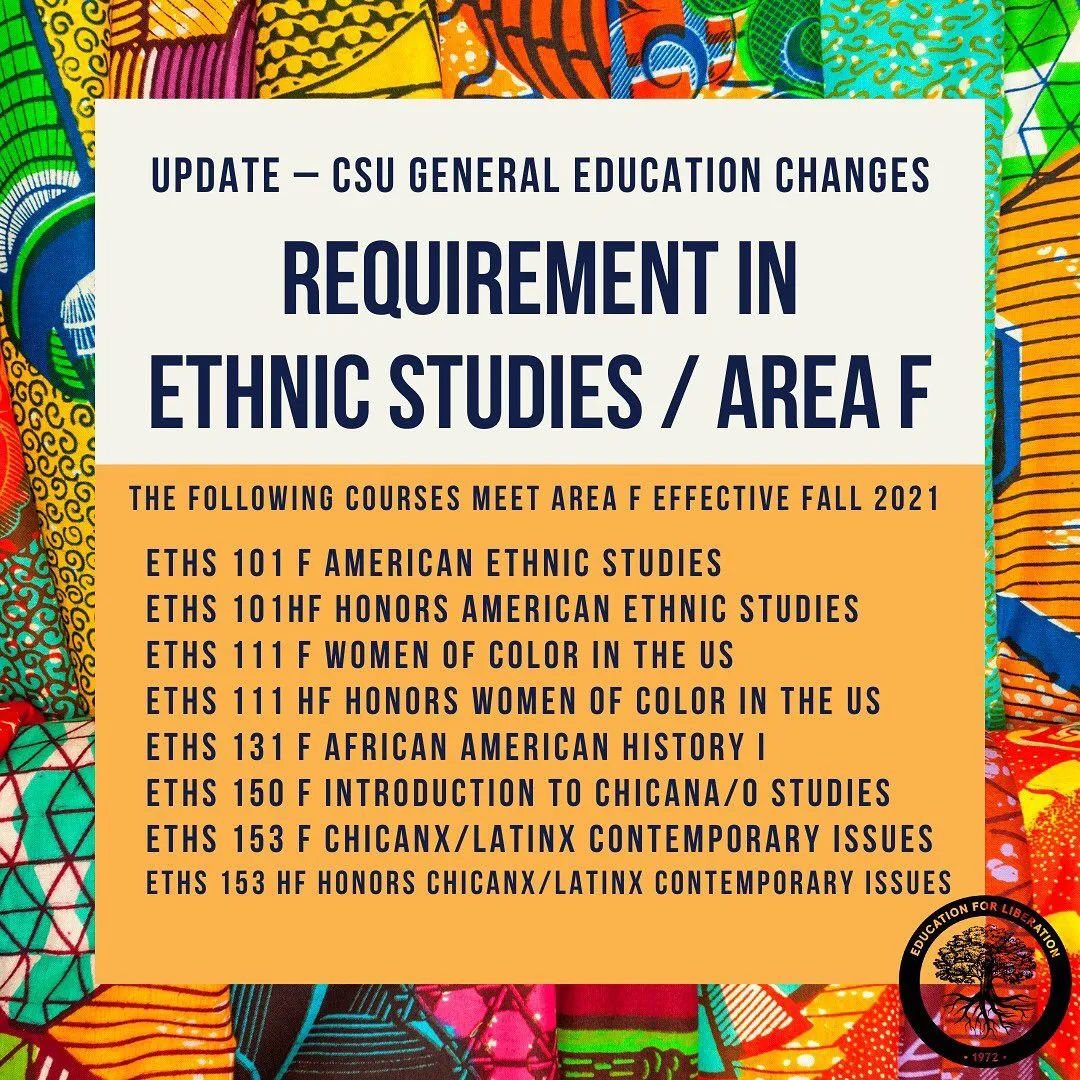 Image of text that says 'UPDATE- CSU GENERAL EDUCATION CHANGES REQUIREMENT IN ETHNIC STUDIES AREA F THE FOLLOWING COURSES MEET AREA F EFFECTIVE FALL 2021 ETHS 101 F AMERICAN ETHNIC STUDIES ETHS 101HF HONORS AMERICAN ETHNIC STUDIES ETHS 111 WOMEN OF COLOR IN THE US ETHS 111 HF HONORS WOMEN OF COLOR IN THE US ETHS 131 F AFRICAN AMERICAN HISTORY ETHS 150 F INTRODUCTION TO CHICANA/O STUDIES ETHS 153 F CHICANX/LATINX CONTEMPORARY ISSUES ETHS 153 HF HONORS CHICANX/LATINX CONTEMPORARY ISSUES Education for Liberation'.