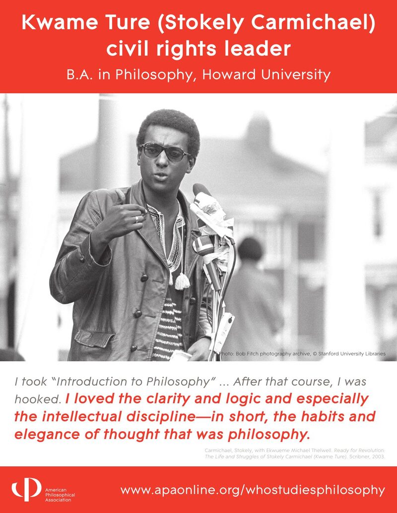 APA Who Studies Philosophy poster: Kwame Ture (Stokely Carmichael), civil rights leader. B.A. Philosophy, Howard University.