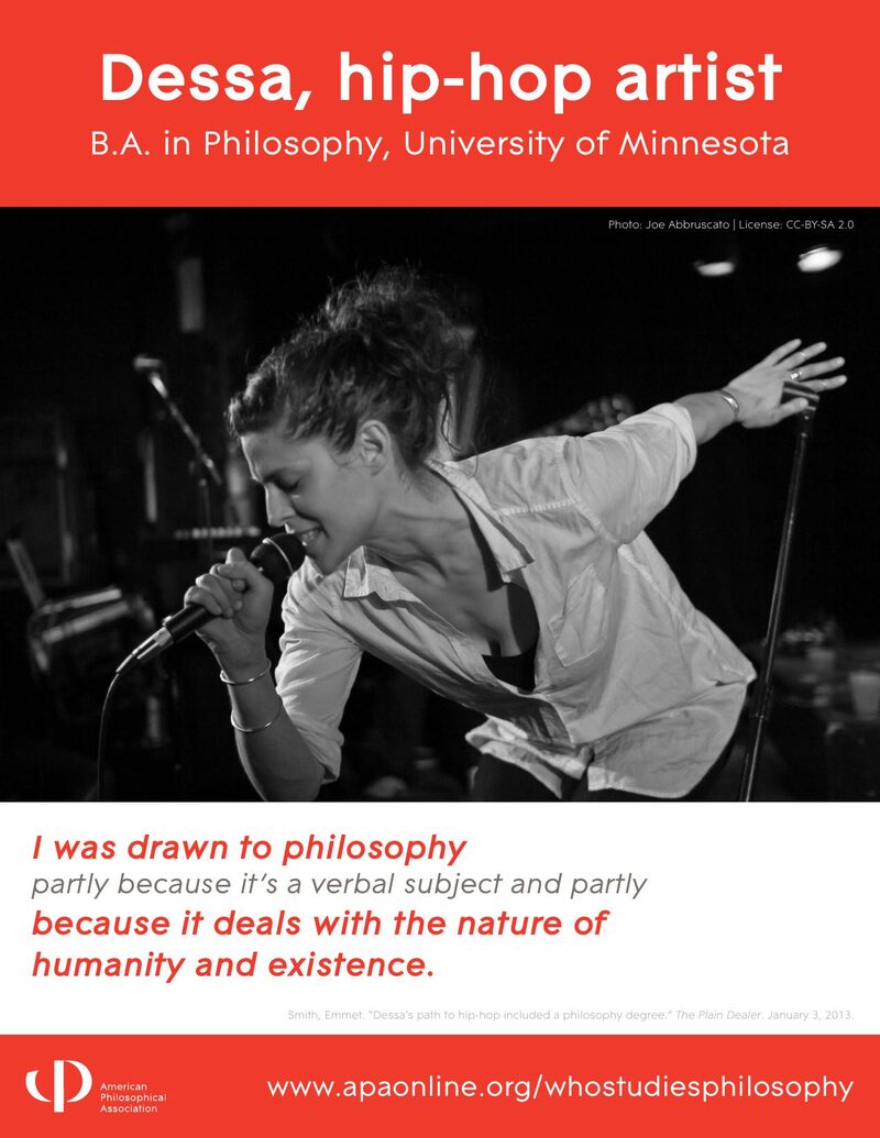 APA Who Studies Philosophy poster: Dessa, hip-hop artist. B.A. Philosophy, University of Minnesota.