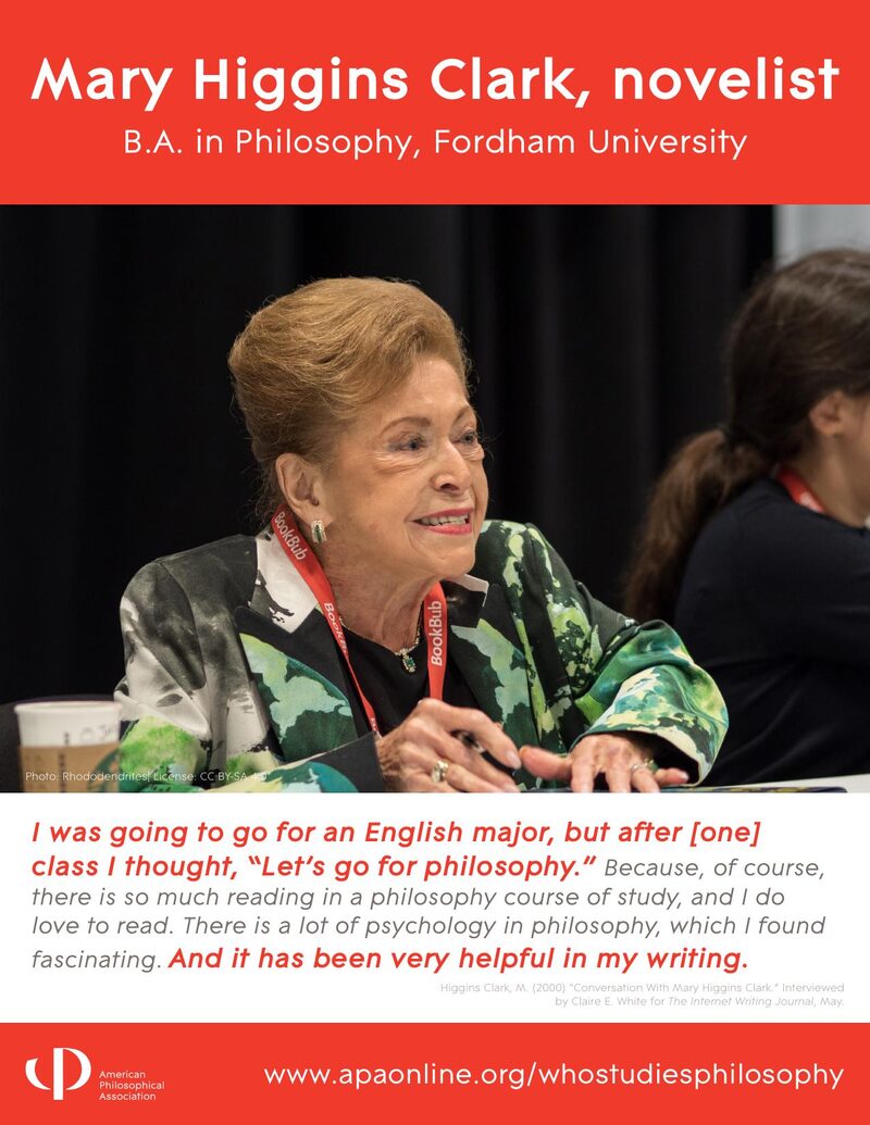 APA Who Studies Philosophy poster: Mary Higgins Clark, novelist. B.A. Philosophy, Fordham University.